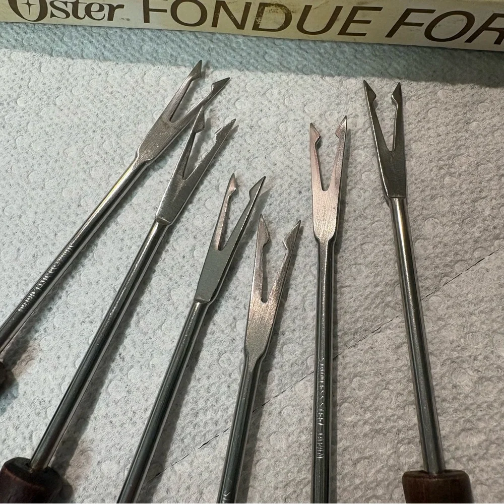 Oster Six Vintage Stainless Steel Fondue Forks & Two Fondue Cookbooks